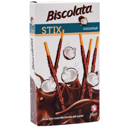 Палочки Biscolata покрытые молочным шоколадом с кокосовой стружкой 32гр Европа